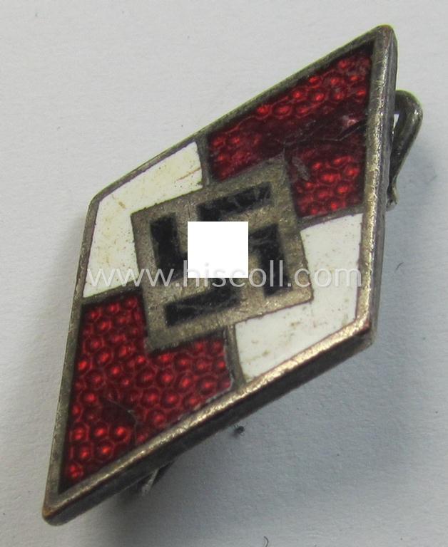 Attractive, HJ (ie. 'Hitlerjugend') enamelled lapel-pin (ie.: 'Raute') being a bright-red-coloured- and/or truly detailed - and non-cleaned and untouched! - example showing an: 'RzM - M1/92'-makers'-designation on its back