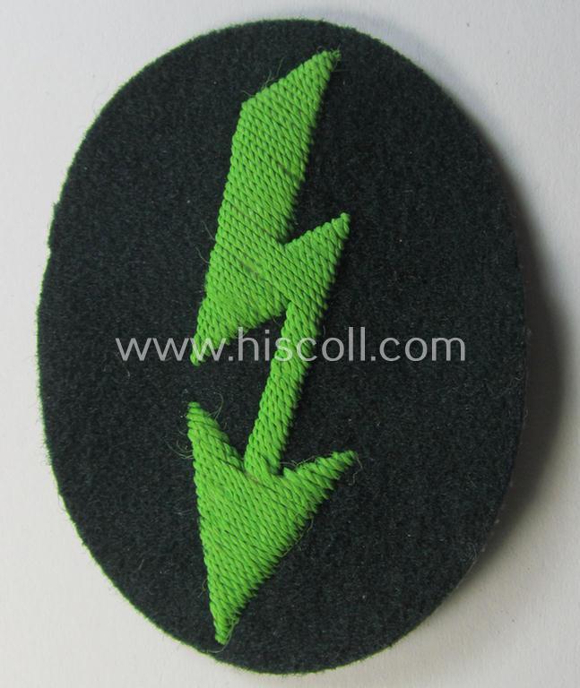 WH (Heeres) trade- and/or special-career-insignia ie. hand-embroidered 'signal-blitz' being a nicely maker- (ie. 'CTG'-) marked example as executed in bright-green linnen as was specifically intended for a soldier within the: 'Pz.-Gren.-Truppen'