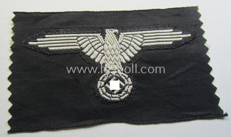 Superb, mid- (ie. later-war-) pattern, 'SS' (ie. 'Waffen-SS') so-called: 'BeVo-weave-style', enlisted-mens'- ie. NCO-pattern arm-eagle (ie. 'Ärmeladler für Mannschaften u. Unterführer') as was intended for usage by the various Waffen-SS troops
