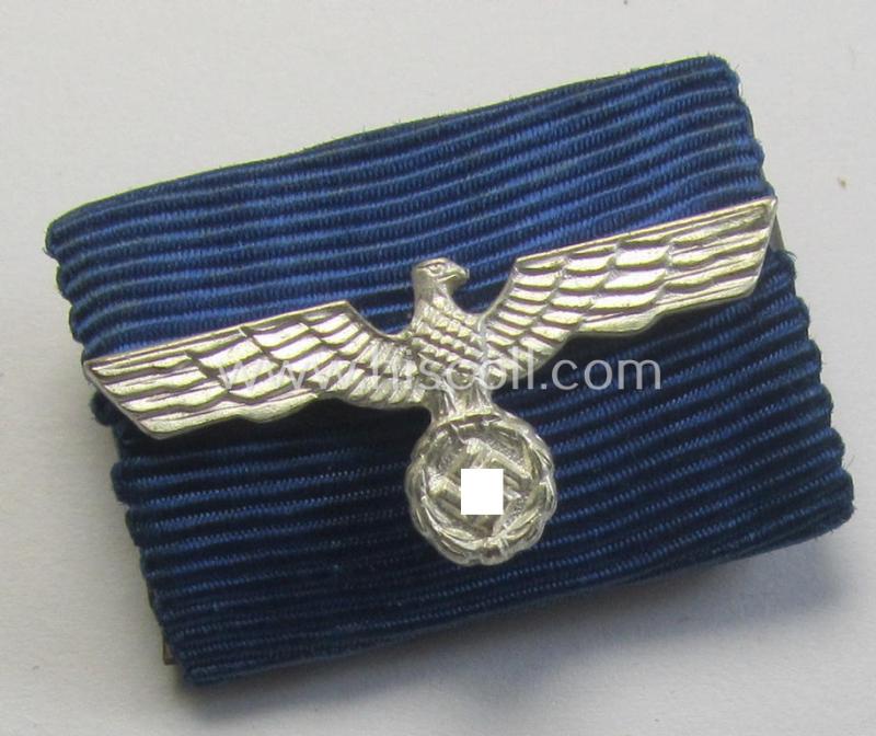 Single-pieced, WH (Heeres o. KM) related ribbon-bar (ie. 'Feld-/Bandspange') showing the ribbon for a: 'WH (Heeres) Dienst-Auszeichnung der 4. Stufe' (and having a neat, larger-sized(!)  bright-silver-toned, Heeres-eagle-device attached)