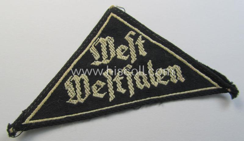 'HJ' ('Hitlerjugend') ie. 'BDM' ('Bund Deutscher Mädel') district-triangle (ie. 'Gebietsdreieck') entitled: 'West Westfalen' (being a clearly used example that is void of an 'RzM'-etiket)