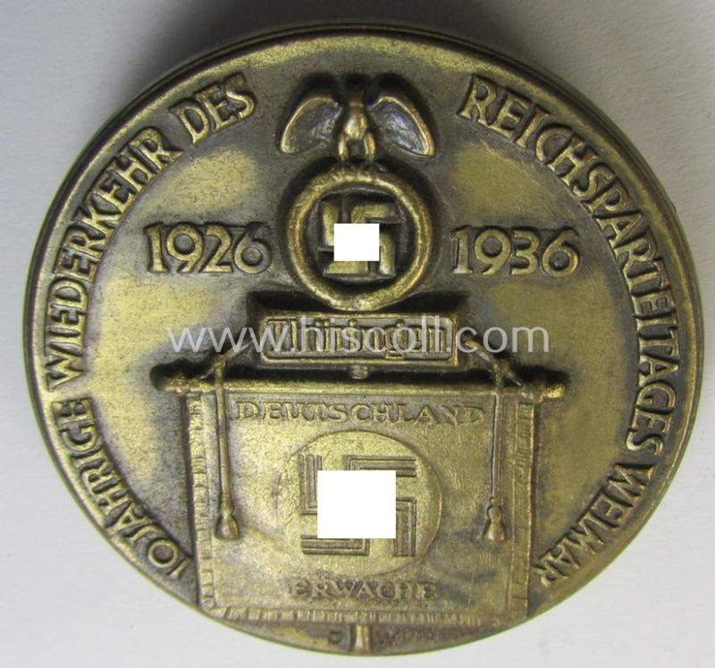 Golden-bronze-toned N.S.D.A.P.-related day-badge (ie. 'tinnie' or: 'Veranstaltungsabzeichen') as was issued to commemorate a party-related meeting: '10 Jahrige Wiederkerhr des Reichsparteitages Weimar - 1926-1936'