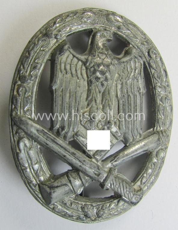 'Allgemeines Sturmabzeichen' (or: General Assault Badge ie. GAB) being a typical unmarked, zinc-based- (ie. 'Feinzink'-) and/or: 'semi-hollow-back'-version as was (I deem) produced by the: 'Rudolf Karneth'-company