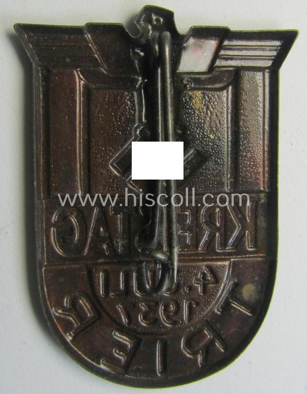 Attractive, darkened bronze-toned- (and I deem typical 'Eisenblech'-based) so-called: N.S.D.A.P.-related day-badge (ie. 'tinnie' or: 'Veranstaltungsabzeichen') as was issued to commemorate the: 'N.S.D.A.P.-Kreistag - Trier - 4. Juli 1937'