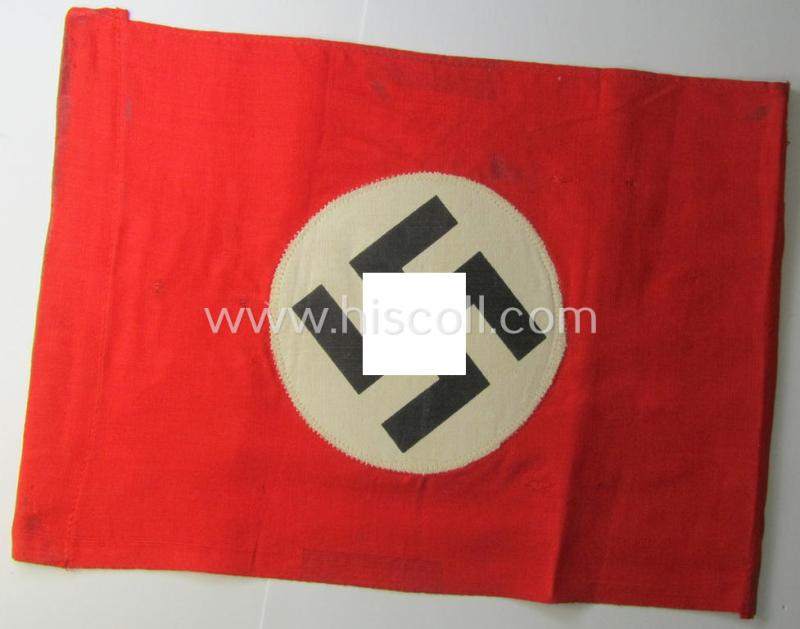 'Patriotic-styled'- and nicely constructed! - white- and red-coloured N.S.D.A.P.-related vehicle- ie. bicycle-flag (ie. 'Fahrrad-Fahne') depicting a double-sided (printed-styled) woven swastika-patch