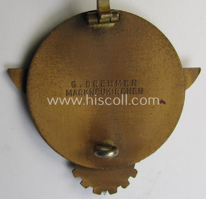 'HJ'- ('Hitlerjugend') ie. 'BDM'- ('Bund Deutscher Mädel') related: 'Reichsberufswettkampf-Siegerabzeichen' (of the 2nd model) entitled: 'Kreissieger 1938' and being a neatly maker- (ie.: 'G. Brehmer'-) marked example