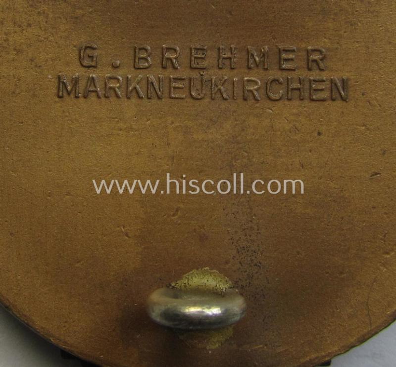 'HJ'- ('Hitlerjugend') ie. 'BDM'- ('Bund Deutscher Mädel') related: 'Reichsberufswettkampf-Siegerabzeichen' (of the 2nd model) entitled: 'Kreissieger 1938' and being a neatly maker- (ie.: 'G. Brehmer'-) marked example