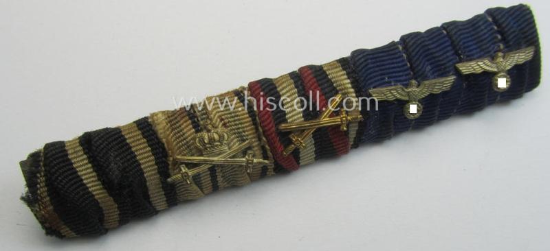 Attractive, 5-pieced WH 'Feld- o. Bandspange' showing resp. the ribbons for a: WWI-period 'EK II. Kl.', a: Bayern 'MVO 3.St.', a: 'FKK 14-18 mit Schw.' and two WH 'DA' (with attached devices)