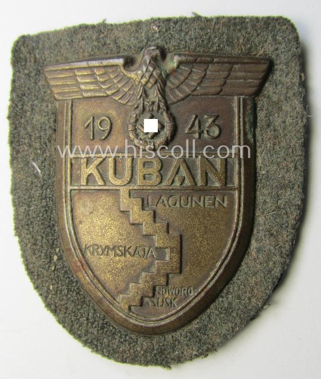 WH (Heeres ie. Waffen-SS) 'Kuban'-campaign-shield that comes mounted onto its original field-grey-coloured- and/or woolen-based 'backing' as issued and/or used