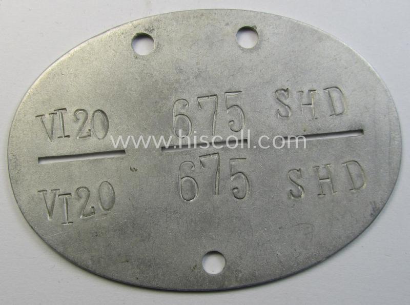 Aluminium-based, WH (Luftwaffe) ie. 'SHD'- (ie. 'Sicherheits- u. Hilfsdienst'-) related ID-disc bearing the clearly stamped unit-designation: 'VI20 675 SHD' and that comes as issued and/or worn