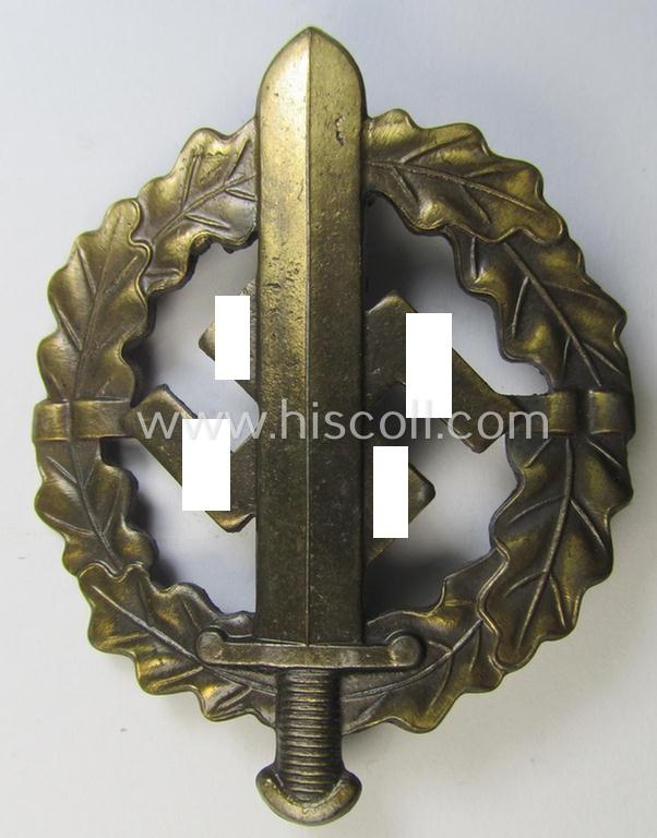 Neat - and just minimally used! - early- (ie. mid-) war period example of an: 'SA-Sportabzeichen in Bronze' being a nicely maker- (ie. 'W. Redo - Saarlautern'-) marked example that is void of an an impressed bearers'-number