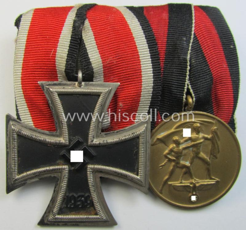 Attractive - albeit partly somewhat rust-stained - example of a 2-pieced WH (Heeres o. KM etc.) medal-bar (ie. 'Orden- o. Doppelspange') showing resp. an: 'EKII. Kl.' and a Czech 'Anschluss'-medal