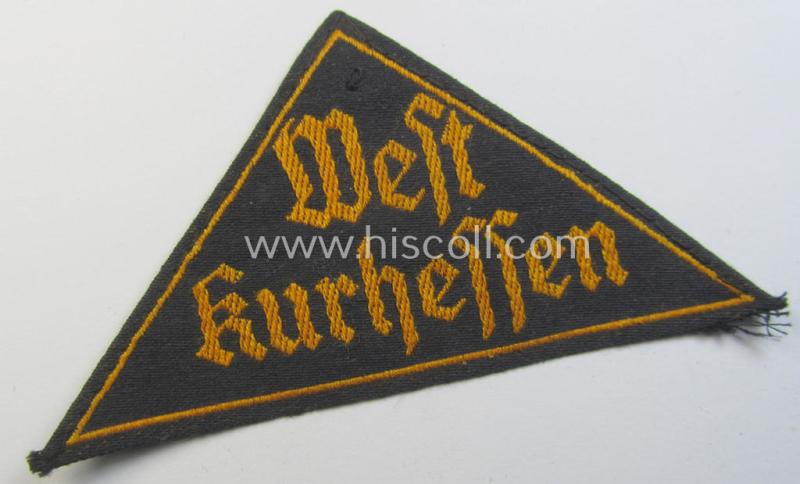 'HJ' ('Hitlerjugend') district-triangle (ie. 'Gebietsdreieck') entitled: 'West Kurhessen' (being a moderately used- ie. worn example that regrettably misses its 'RzM'-etiket)