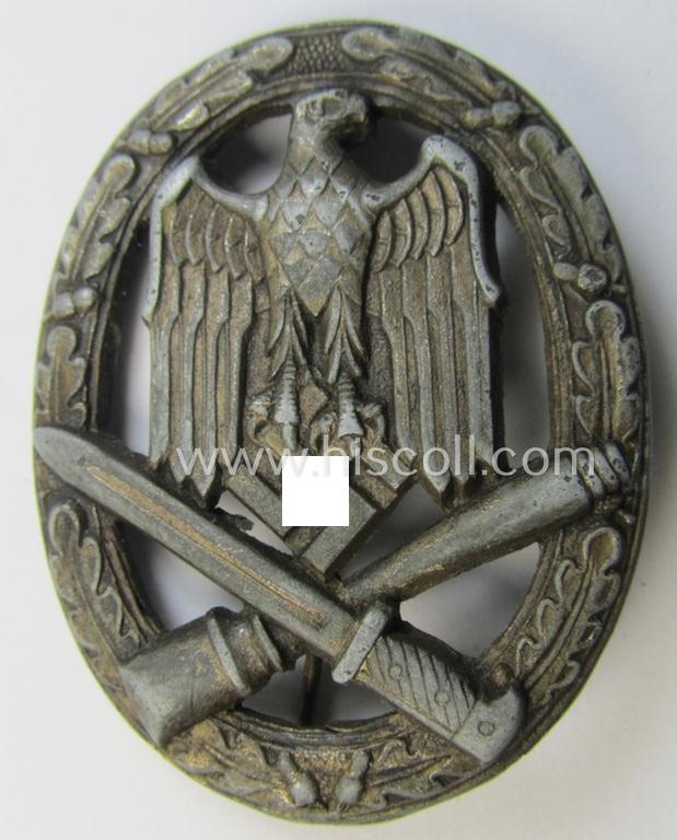 'Allgemeines Sturmabzeichen' (or: General Assault Badge ie. GAB) being a typical unmarked, zinc-based- (ie. 'Feinzink'-) and/or: 'semi-hollow-back'-version as was (I deem) produced by the: 'Rudolf Karneth'-company