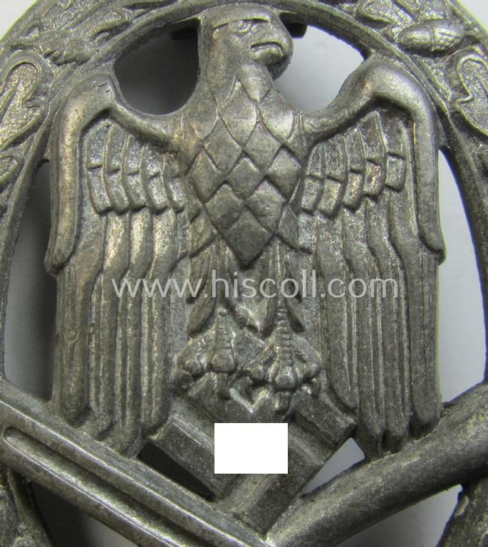 Attractive, 'Allgemeines Sturmabzeichen' (or: General Assault Badge ie. GAB) being a non-maker-marked, zinc- (ie. 'Feinzink'-) based: 'minimally converse-shaped-variant' as was produced by the maker (ie. 'Hersteller'): 'Berg & Nolte'