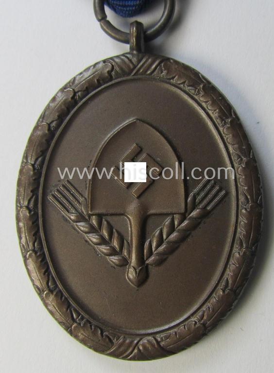 Attractive example of a: RAD (ie. 'Reichsarbeitsdienst'): 'Dienstauszeichnung 4. Stufe für Männer' as was intended for 4 years loyal-service and that comes mounted onto its period (broad-sized) ribbon (ie. 'Bandabschnitt')