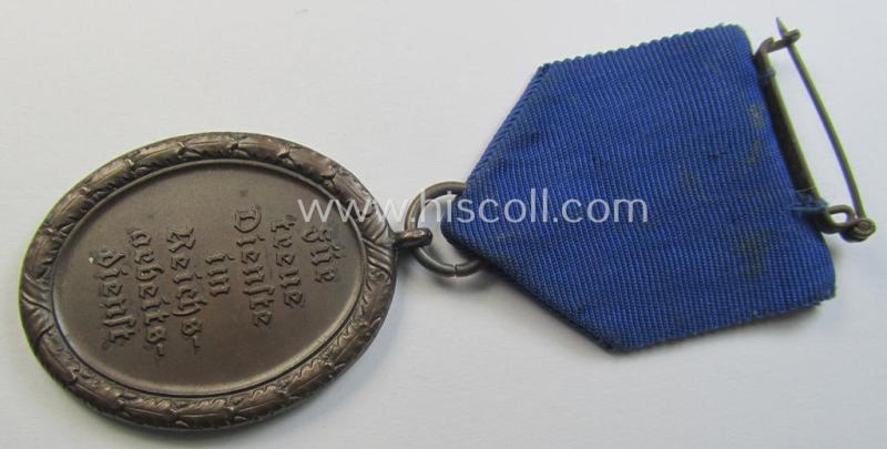 Attractive example of a: RAD (ie. 'Reichsarbeitsdienst'): 'Dienstauszeichnung 4. Stufe für Männer' as was intended for 4 years loyal-service and that comes mounted onto its period (broad-sized) ribbon (ie. 'Bandabschnitt')