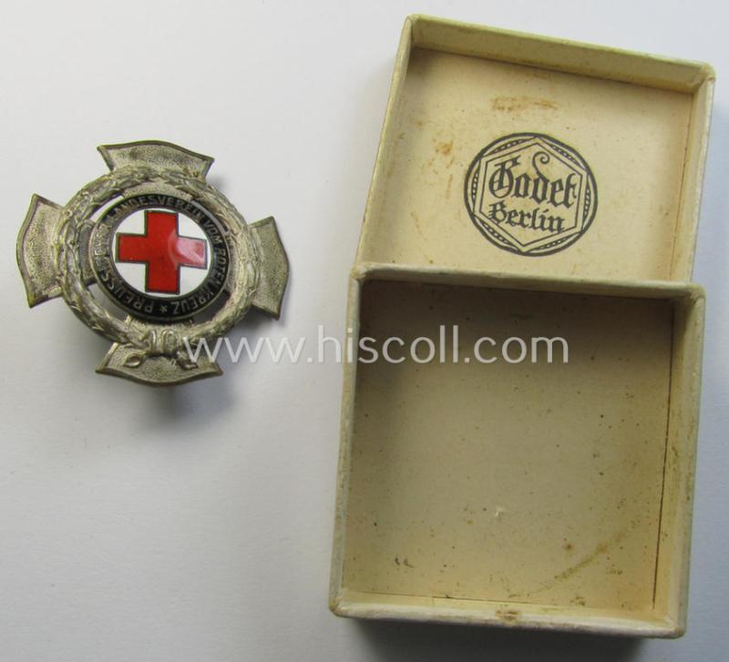Very attractive, WWI-period so-called: 'Verdienstkreuz für 10-Jährige Mitgliedschaft beim Preussischer-Landesverein vom Rotes Kreuz' being a nicely maker- (ie. 'Godet - Berlin'-) marked example that came stored in its (equally-marked!) box