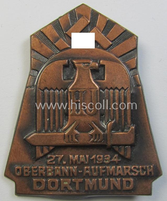 Darker reddish-bronze-toned HJ ('Hitlerjugend') related 'tinnie' being a clearly maker- (ie. 'S&L'-) marked example showing the text: '27. Mai 1934 - Oberbann-Aufmarsch - Dortmund'