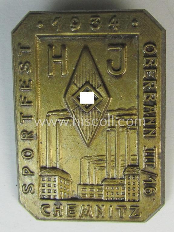 HJ- (ie. 'Hitlerjugend'-) related day-badge (ie. 'tinnie' or: 'Veranstaltungsabzeichen') as was issued to commemorate a HJ-related sports-event named: 'H.J. Sportfest - Oberbann III/16 - Chemnitz - 1934'