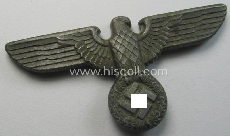Attractive - greyish-silver-coloured- and/or: zinc- (ie. 'Feinzink'-) based (political-style) visor- (ie. 'Schirmmützen'-) cap-eagle being a detailed example that is neatly: 'RzM' and/or 'M1/49' marked on its back