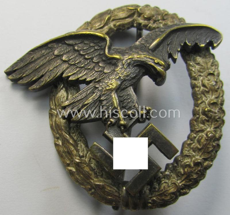WH (Luftwaffe) 'Flugzeug-Beobachter-Abzeichen' (ie. observers'-war-badge) being a neatly maker- (ie. 'C.E. Juncker'-) marked and/or: 'Buntmetall'- (ie. 'Tombak'-) based example (of the desirable 'J1-pattern'!)