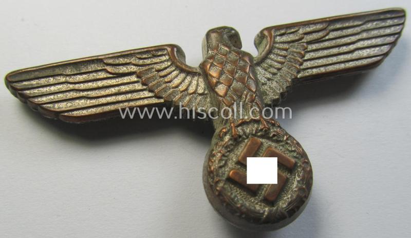 Attractive - and moderately used! - silver-coloured- and/or: typical 'Buntmetall'-based (political-style) visor- (ie. 'Schirmmützen'-) cap-eagle being a detailed example that is neatly: 'RzM' and/or 'M1/72' marked on its back
