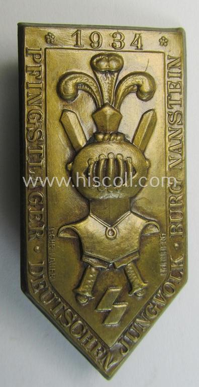 Superb - and truly scarcely encountered! - golden-bronze-toned DJ- (ie. 'Deutsches Jungvolk') related 'tinnie' showing the text: 'Pfingstlager - Deutschen Jungvolk - Burg Nanstein - 1933'