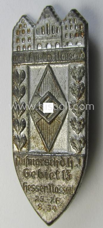 Attractive - and scarcely encountered! - HJ (ie.'Hitlerjugend') related 'tinnie' ie. 'Veranstaltungsabzeichen' being a non-maker-marked example showing a: 'HJ-Raute' and text: 'Aufmarsch der HJ - Gebiet 13 - Hessen-Nassau - 25.-26.8.1934'
