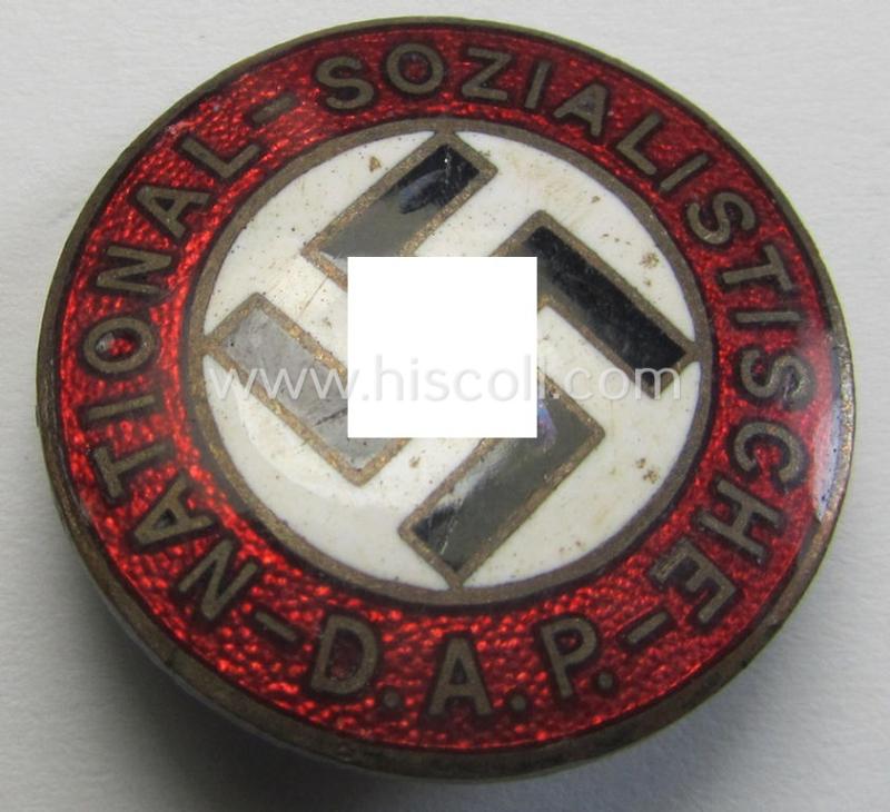 Attractive - darker-red-coloured and very nicely preserved! - 'variant'-pattern 'N.S.D.A.P.'-supporter-pin- ie. party-badge (or: 'Parteiabzeichen') being a regular-sized specimen that shows a 'Ges.Gesch.'-patent-pending-designation