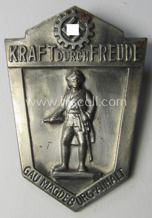 Attractive, commemorative TR-period day-badge (ie. 'tinnie') as issued to commemorate a DAF- (ie. KDF-) related gathering depicting an illustration of a Napoleontic-era soldier and text: 'Kraft durch Freude - Gau Magdeburg-Anhalt'