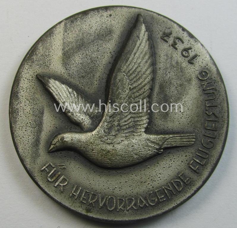 Unusually seen, silver-toned- (ie. typical 'zinc'-based) so-called: 'Reisebrieftaubenwesen e.V.'-related, commemorative-plaque entitled: 'R.D.Kl. Reichs-Fachgruppe - Für hervorragende Flugleistung 1937'