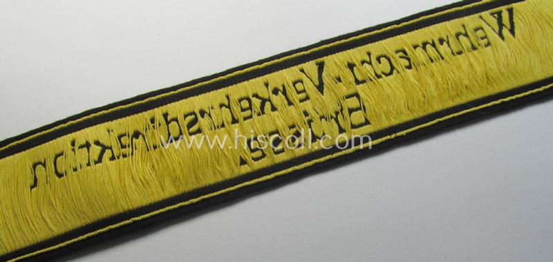 Attractive, 'DRB' (ie. 'Deutsche Reichsbahn') cuff-title (ie. 'Armbinde') as executed in 'BeVo'-weave-pattern entitled: 'Wehrmacht-Verkehrsdirektion Brüssel' (being a presuambly never worn example that comes in a 'virtually mint' condition)