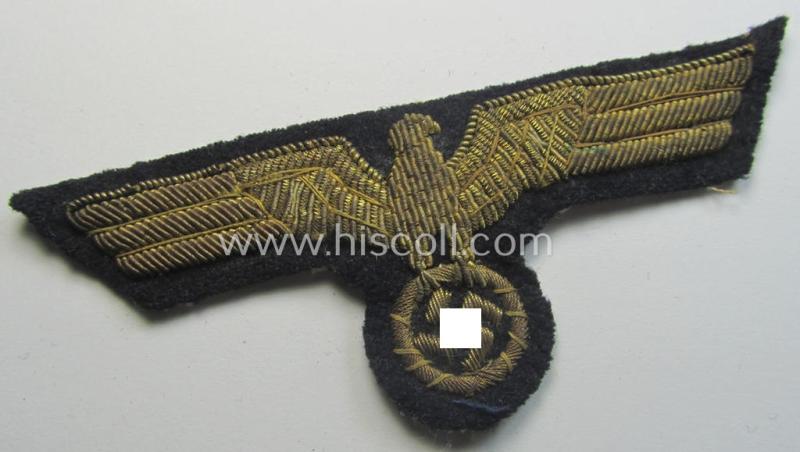 Superb - and just moderately used! - WH (Kriegsmarine) officers'-type, hand-embroidered breast-eagle (ie. 'Brustadler für Offiziere') as was executed in bright-golden-coloured braid as was intended for usage on the various officers'-pattern tunics