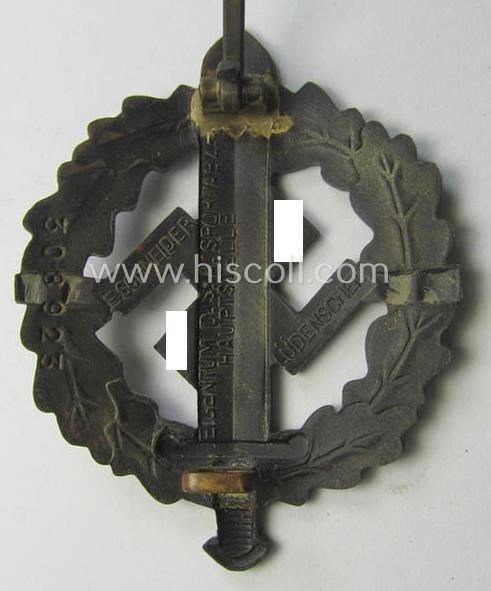 Attractive, early- (ie. pre-) war-period 'SA Sportabzeichen in Bronze' being a nicely maker- (ie. 'E. Schneider'-) marked example that bears a unique, stamped bearers'-number that reads: '308923' on its back
