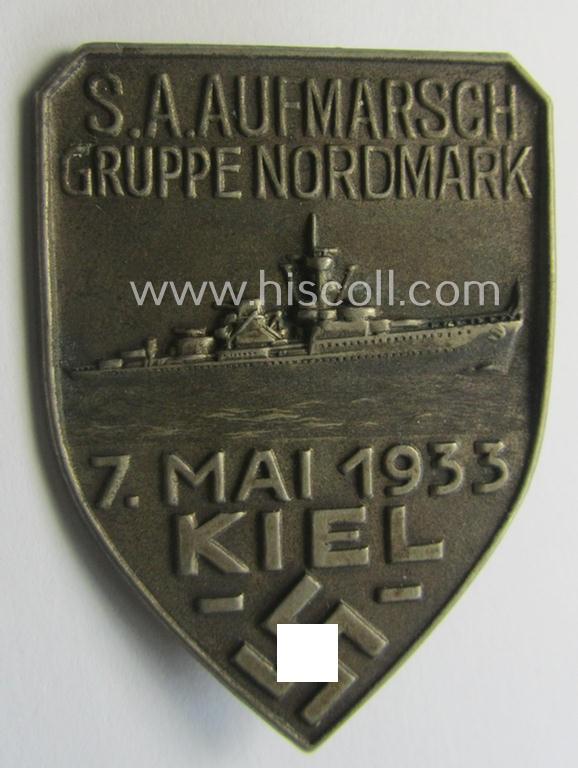 Neat - and scarcely encountered! - SA- (ie. 'Sturmabteilungen'-) related 'tinnie' being a non-maker-marked example showing a battle-ship and text: 'S.A. Aufmarsch Gruppe Nordmark - 7. Mai 1933 - Kiel'