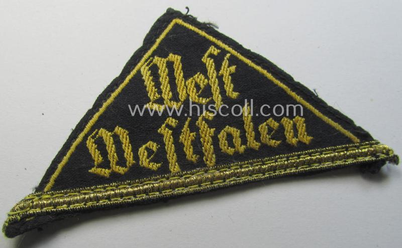 'HJ' (ie. 'Hitlerjugend') early-period district-triangle (ie. 'Gebietsdreieck') entitled: 'West Westfalen' (having a bright-golden-toned 'honorary rank-stripe' attached, signifying HJ-membership before 1933)