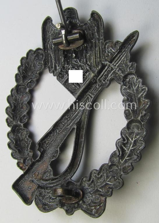 Superb, 'Infanterie Sturmabzeichen in Bronze' being a maker-marked (and/or very converse- ie. vaulted-) 'hollow-back' example by the maker: 'Friedrich Linden' (ie. 'F.L.L.') as was executed in bronze-coloured, zinc-based metal (ie. 'Feinzink')