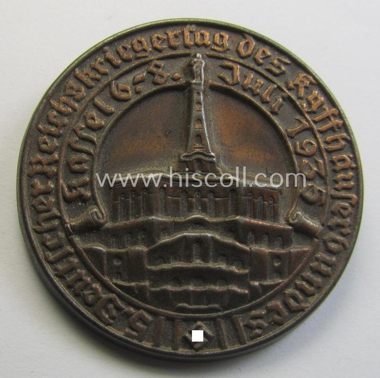 Reddish-bronze-toned, D.R.K.B. (or: 'Deutscher Reichskriegerbund' aka 'Kyffhäuserbund') day-badge (ie. 'tinnie') being a non-maker-marked example entitled: '5. Deutscher Reichskriegertag des Kyffhäuserbundes - Kassel - 6.- 8. Juni 1937'