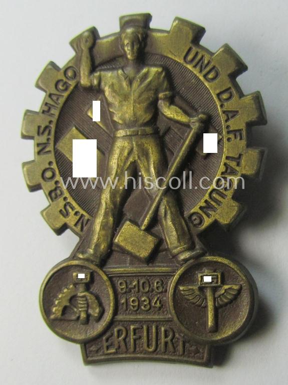 Neat - and unusually seen! - commemorative a 'combined' 'N.S.B.O./N.S.Hago/D.A.F.'-related day-badge (ie. 'tinnie') as issued to commemorate a meeting entitled: 'N.S.B.O., N.S.Hago und D.A.F.-Tagung' held on 9.-10.8-1934 in the town of Erfurt