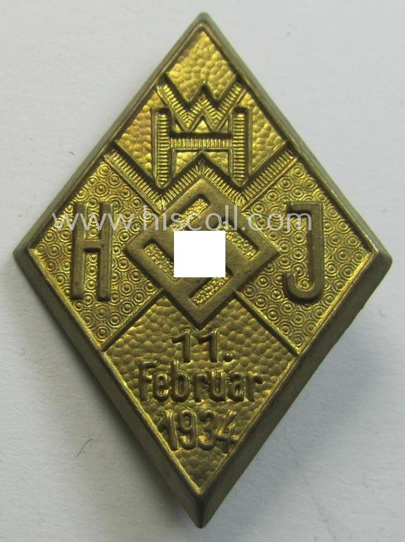 Attractive - and scarcely encountered! - HJ- (Hitlerjugend-) ie. WHW-related day-badge (ie. 'tinnie' or: 'Veranstaltungsabzeichen') as was issued to commemorate a HJ- ie. WHW-related gathering ie. rally held on: '11. Februar 1934'