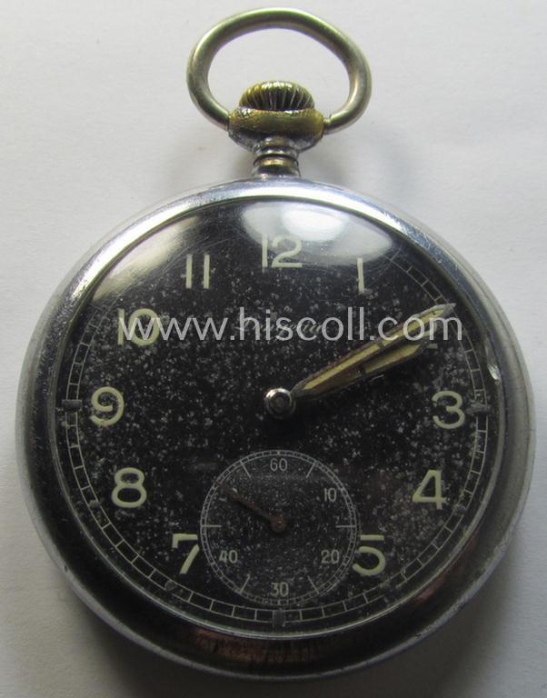 Attractive - and scarcely encountered! - 'Deutsche Wehrmacht'- (ie. typical WWII-period!) pocket-watch (ie. 'Dienstuhr') of the make: 'Longeau' having a black-coloured dial-plate and/or engraved back-plate that reads: 'D 1148 4372 H'