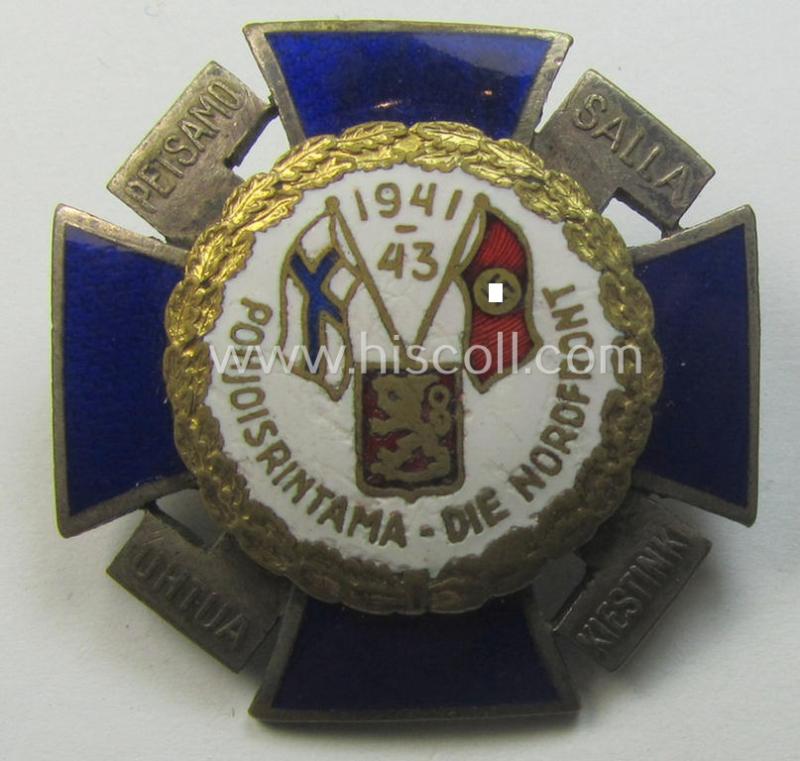 Attractive - and scarcely encountered! - so-called: Finnish-/German: 'Nordfrontkreuz', being a white-/blue-coloured and maker- (ie. 'Hopeatakomo o.y.'-) marked 'variant' that shows the text: 'Pohjoisrintama - Die Nordfront - 1941/43'