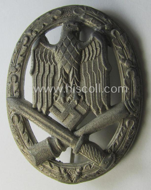 Attractive, 'Allgemeines Sturmabzeichen' (or: General Assault Badge ie. GAB) being a typical unmarked, zinc-based- (ie. 'Feinzink'-) and/or: 'semi-hollow-back'-version as was (I deem) produced by the: 'Rudolf Karneth'-company