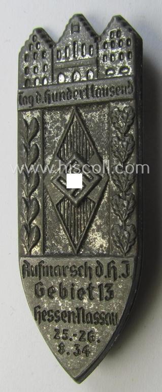 HJ (ie.'Hitlerjugend') related 'tinnie' ie. 'Veranstaltungsabzeichen': 'Aufmarsch der HJ - Gebiet 13 - Hessen-Nassau - 25.-26.8.1934'