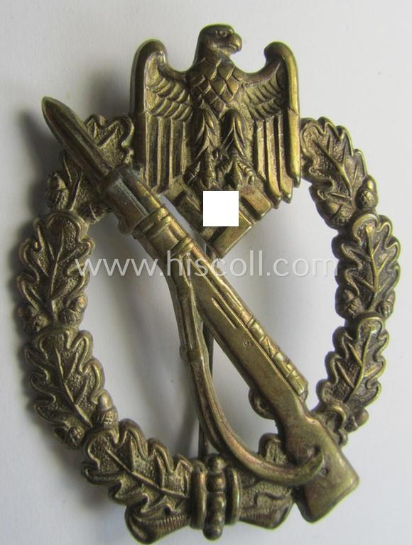 'Infanterie Sturmabzeichen in Silber' (or: silver-class infantry-assault-badge ie. IAB) being a 'Buntmetall'-based example by the: 'Otto Schickle'-company