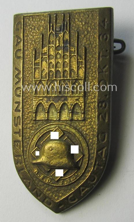 Commemorative, 'Nat.Soz. Deutscher Frontkämpferbund Stahlhelm'- (or: 'N.S.D.F.B.St.'-) related 'tinnie': 'Gau Münsterland - Gautag - 28. Okt. 1934'