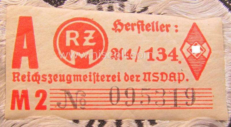 HJ- (ie. 'Hitlerjugend') 'Leistungsabzeichen in Silber in Stoff' that retains its 'RzM'-etiket