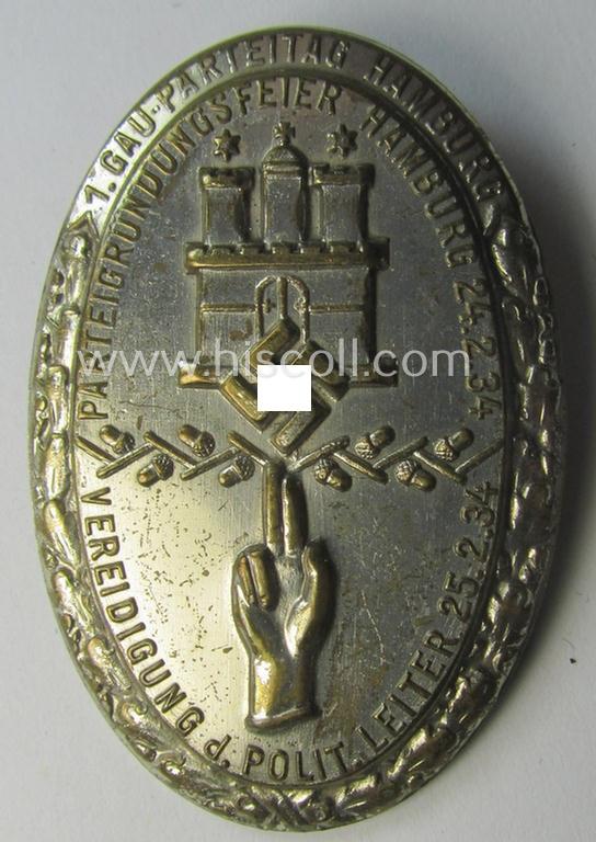 N.S.D.A.P.-related day-badge (ie. 'tinnie' or: 'Veranstaltungsabzeichen'): '1. Gau-Parteitag Hamburg 24.2.34 - Parteigründungsfeier Hamburg - Vereidigung d. Polit. Leiter - 25.2.34'