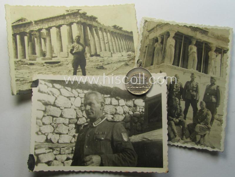 WH (LW-, Heeres- etc.) related and genuine silver-based) 'souvenir'-hanger from the Greek campaign depicting the: 'Parthenon' in Athens and showing the text: 'Andenken von Athen 1941'